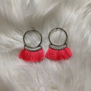 Coral/Silver Hoop Tassle Earrings